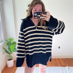 H&M Black and Cream Striped Half-Zip Oversized Sweater